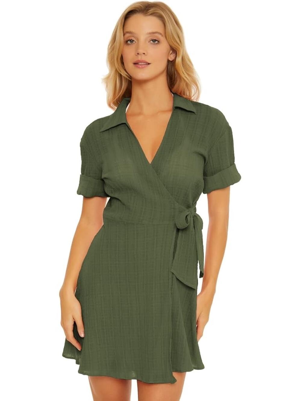 BECCA by Rebecca Virtue Playa Textured Collared Wrap Shirtdress Cover-Up Size L